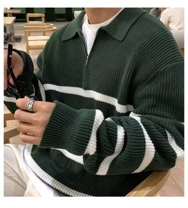 Men Casual Streetwear <strong>Jumper</strong> for Daily Wear Striped Knit Polo Sweater Half Zip Lapel Collar Loose <strong>Oversized</strong> Ribbed Pullover - Product Image 2