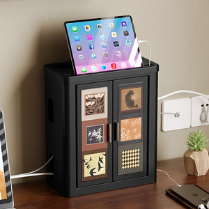Vintage Style WiFi Router Storage Box Wall Mounted Cable Management Desktop Power Strip Dustproof Organizer Rectangle Black - Product Image 2