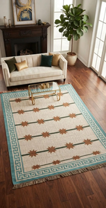 Tapis artisanal en laine et jute bleu à bordures bohèmes, motif géométrique Kilim, pour salon ou chambre, revêtement de sol style sud-ouest, taille personnalisable - Product Image 2