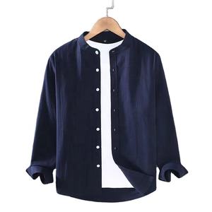 Camicia in <span class=keywords><strong>Lino</strong></span> con Colletto alla Coreana, Maniche Lunghe, Bianca e Nera, Morbida e Confortevole, Semplice, Tinta Unita, Autunnale, per <span class=keywords><strong>Uomo</strong></span> - Product Image 5