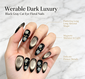 Uñas Postizas Largas Almendradas Hechas a Mano al por Mayor, Diseño Ojo de Gato Negro y Gris con Flor Blanca 3D y Lámina Dorada, Uñas Artificiales de Salón Personalizadas - Product Image 3