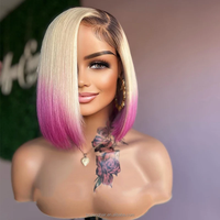 Perruques de cheveux humains 613 Blond Miel Ombré Trois Tons Rose Lisse Extrême Courtes Type Bob avec Fermeture en Dentelle HD 4x4 Sans Colle Origine Vietnam