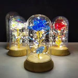 유리 돔 시뮬레이션에서 고품질 LED 장미 24K 금박 장미 보존 영원한 꽃 유리 커버 발렌타인 데이 선물 2023