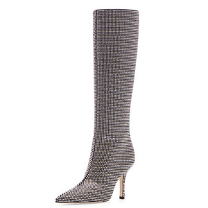Bottes hautes pour femmes à talon aiguille, confortables, noires, avec fermeture éclair, design personnalisé, entièrement ornées de strass en cristal - Product Image 1