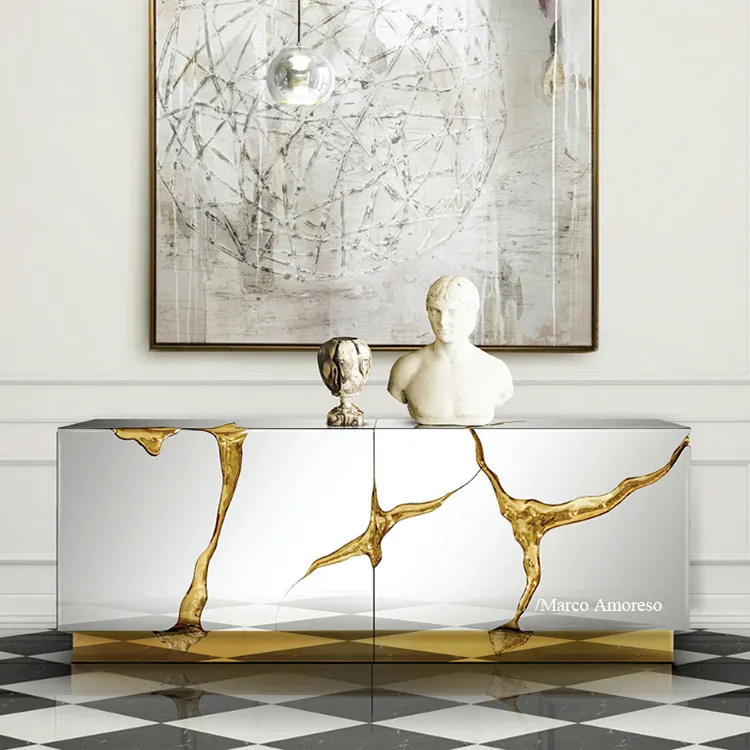 Modern Design Luxe Dressoir Mdf Houten Kast Met Roestvrij Staal Wit Gouden Tv Stand Voor Woonkamer Meubels