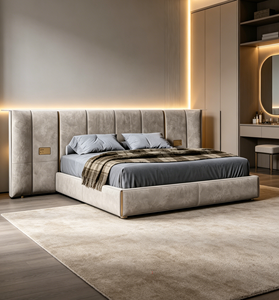 <span class=keywords><strong>Cama</strong></span> King Size Moderna, <span class=keywords><strong>Tapizada</strong></span> en Terciopelo con Rayas Verticales y Botones, Cabecera con Plataforma, Estructura Sólida, Mesita de Noche - Product Image 1