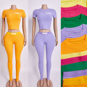 Vêtements de détente côtelés personnalisés ensembles de deux pièces pour femmes t-shirts en coton de base à broder pantalons ensembles de vêtements de détente 2 pièces pour femmes - Product Image 2