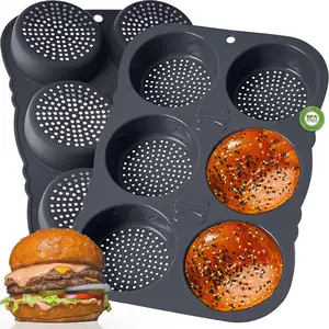 Hamburger Bun Pan 4 Inch Silicone Hamburger Bun Mold, 6 Cup Big Baking Pan for Homemade Silicone Hamburger Buns Mold