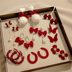 <span class=keywords><strong>Orecchini</strong></span> a fiore floccato rosso vino Silver Needle 2024, eleganti borchie a forma di rosa con fiocco, stile cinese per il Capodanno - Product Image 1
