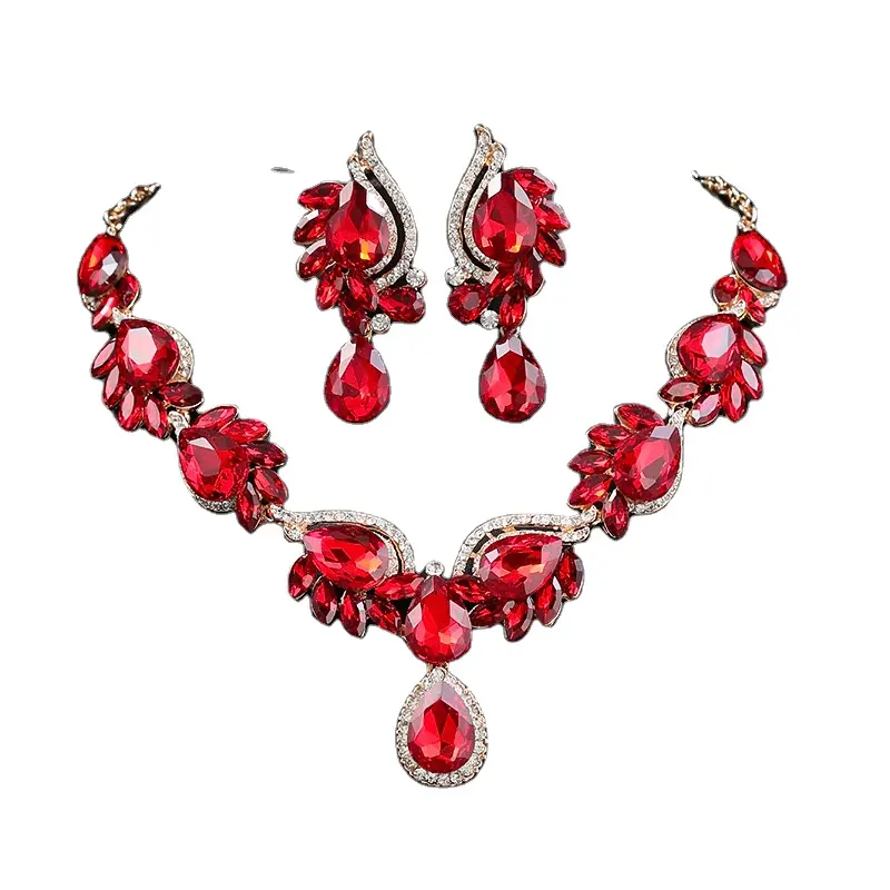 Set perhiasan kristal berlian imitasi pengantin Keberuntungan merah desain baru Set kalung perhiasan pernikahan Set anting perhiasan pesta grosir