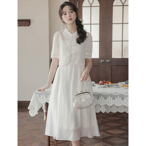 Abito Qipao in Stile Cinese Migliorato, Completo Bianco a Due Pezzi con Elementi <span class=keywords><strong>Han</strong></span>, Lungo Abito Hanfu Cinese, Cheongsam da Fabbrica per Donne - Product Image 2
