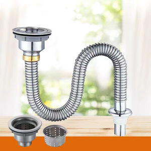 Tuyau <span class=keywords><strong>d</strong></span>'évacuation flexible pour <span class=keywords><strong>évier</strong></span> de cuisine en acier inoxydable nickelé de qualité supérieure, tube en S rétractable avec <span class=keywords><strong>bouchon</strong></span> de vidange escamotable - Product Image 4