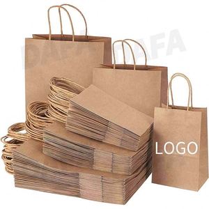 Sacs en papier kraft brun et blanc recyclés pour l'emballage alimentaire, avec poignées et impression de logo personnalisé - Product Image 1