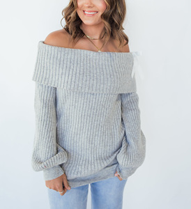 Top tejido informal de manga larga para mujer, cárdigan de invierno con estampado de logotipo personalizado y logotipo frontal, jersey de hombro al por mayor - Product Image 5