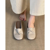 Französische Damen-Pantoletten mit runder Zehenpartie, rückenfrei, aus echtem Schafsleder, flache Slipper für den Alltag, Damen-Loafer mit individuellem Logo