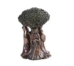Estatueta da mãe da maiden tripla, mãe, crone, lua, desgodas sob a árvore da vida, fundida em bronze
