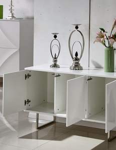 Buffet de salle à manger en bois vieilli et aluminium, style japonais, finition laquée, bord brut, avec plateau en acier inoxydable bleu, provenance Indonésie - Product Image 2