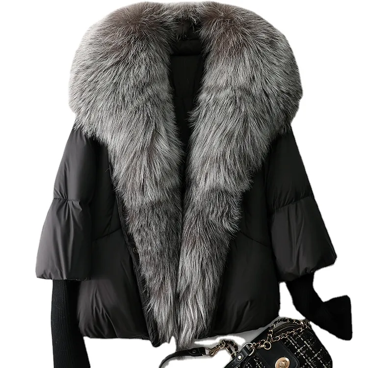 Autunno inverno 2022 nuovo piumino da donna corto collo in pelliccia di volpe argentata cappotto in piumino bianco