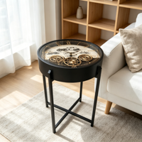 Table d'appoint ronde vintage avec horloge à engrenages, plateau en verre imprimé, cadre en métal noir, style industriel, pour canapé, décoration intérieure, mobilier
