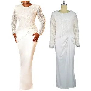 X8182最新设计别致女式晚礼服蕾丝流苏长袖落地长裙女式白色连衣裙
