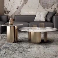 Ensemble de tables basses rondes à deux niveaux en acier inoxydable doré Pandora Rock Slate pour salon, maison ou hôtel