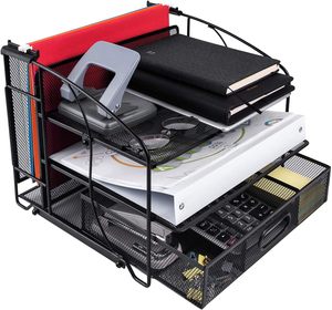 <span class=keywords><strong>Bureau</strong></span> rectangulaire en maille 3 plateaux avec <span class=keywords><strong>tiroir</strong></span> coulissant et porte-fichiers suspendus Organisateur de <span class=keywords><strong>bureau</strong></span> noir - Product Image 3