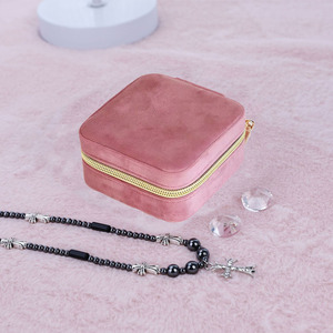 Hotsale Premium Vintage Square Carton Packaging Golden Zipper Velvet Jewelry <b>Box</b> Classified Slots for Necklace Chain Ring - Product Image 1