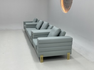 Sofá de cuero modular de lujo personalizable, conjunto seccional, sofá moderno, <span class=keywords><strong>muebles</strong></span> de sala de estar con marco de acero inoxidable dorado - Product Image 6