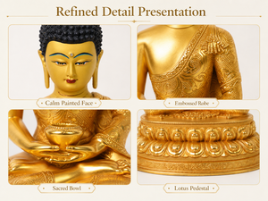 Statue de Bouddha Amitabha en laiton plaqué or, faite à la main, avec option <span class=keywords><strong>d</strong></span>'auréole, robe en relief, base lotus, modèle TF0544E pour la <span class=keywords><strong>d</strong></span>écoration de la maison et du jardin - Product Image 3