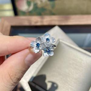 S925 Pure Silver Three-Dimensional Brushed Blue Embroidered <b>Ball</b> Flower Ring Niche Retro Exquisite Topaz Cut New <b>Chinese</b> Style - Product Image 1