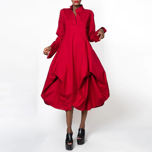 Phụ Nữ Thân Thiện Với Môi Kỹ Thuật Số In Ấn Tự Nhiên Eo Đồng Bằng Nhuộm Dài Tay Áo Lỏng Màu Rắn Đứng Cổ Áo Maxi Dresses - Product Image 1