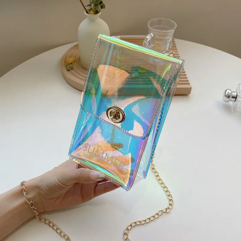 Summer Mini Lipstick PVC Holographic Transparent Laser Student Chain Shoulder Handbag Customized Waterproof Cellphone Purse