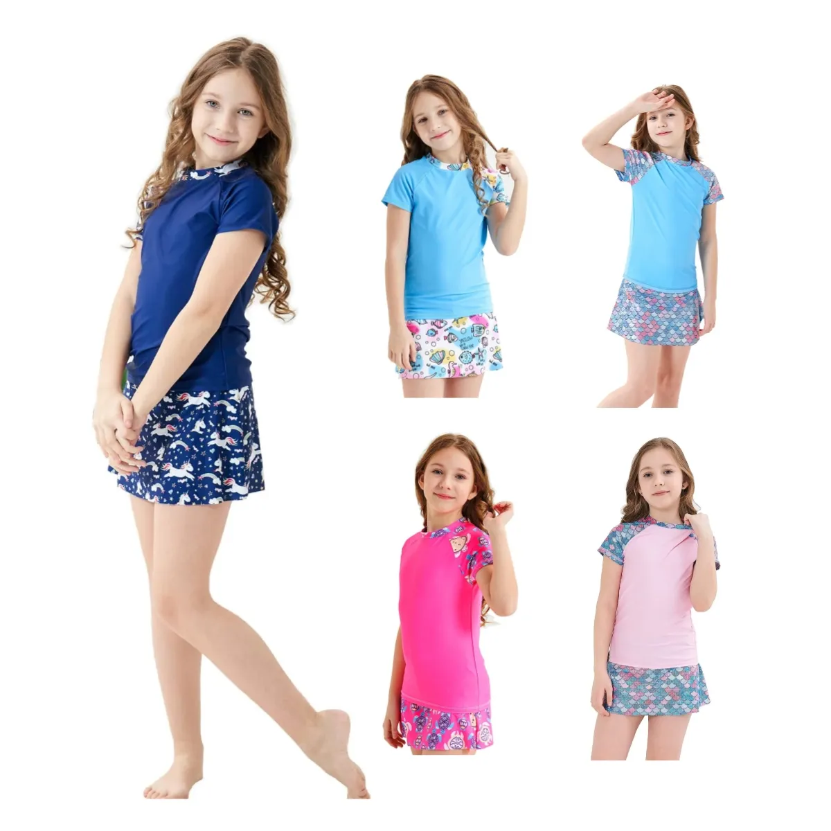 Baju renang anak perempuan UPF 50 + UV, set baju renang lengan pendek dua potong untuk usia 4-14
