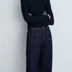 Nuevos Pantalones Vaqueros Anchos de Moda Casual con Bolsillos Decorativos, Pantalones Rectos Casuales Simples para Mujer en Color Azul Marino - Product Image 2