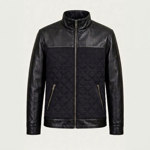 Veste en cuir noir matelassée pour homme, col montant, fermeture éclair, manches classiques - Product Image 1