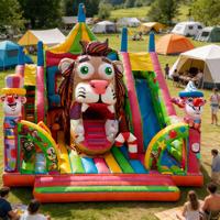 Structure gonflable combinée toboggan et château à rebondir sur le thème du lion de cirque et du clown, multicolore, pour enfants, aire de jeux d'aventure de carnaval, pour fêtes et usage commercial