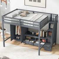 Kinder-Hochbett mit Treppe und Stauraum, Multifunktionales Hochbett mit Kleiderschrank, Bücherregal und Schubladen, Platzsparend