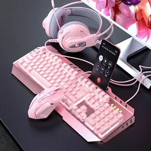 Papan Ketik Mouse Mekanis Sumbu Biru 104 DPI, Set Kombo Headset Keyboard dan Mouse Optik Merah Muda untuk Game 3200