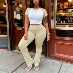 Setelan Pakaian Santai Wanita Berkualitas Tinggi Desainer, Atasan Blok Warna Kustom Dengan Celana Melebar 2 Potong Pakaian Wanita - Product Image 3