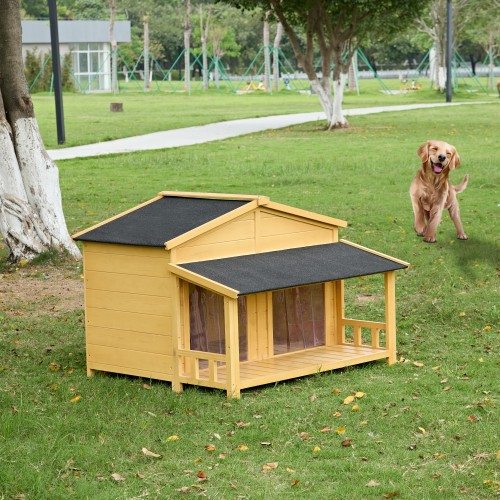 Waterproof Dog Cage Kennel Log Cabin Style Pine Wood Natural FCJ Indoor/Outdoor Pet House Elevated Floor Asphalt Roof 2 Doors