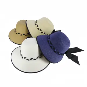 사용자 정의 여성용 조정 가능한 와이드 리본 활 짠 밀짚 모자 비치 밀짚 통기성 부드러운 모자 하와이안 밀짚 모자