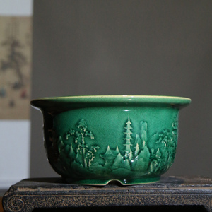 Carved Round <b>Glazed</b> Ceramic Bonsai <b>Pot</b> With Three Dimensional Relief Landscape Design Zhang Zhicheng Taoxiang - Product Image 1