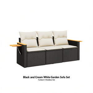 Ensemble de canapés de jardin noir et crème, trois places, en rotin avec coussins en mousse haute densité, design contemporain - Product Image 1