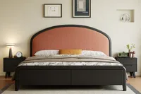 Lit en bois massif de style vintage français avec tête de lit incurvée, mobilier de chambre classique moderne, taille double, lit personnalisable