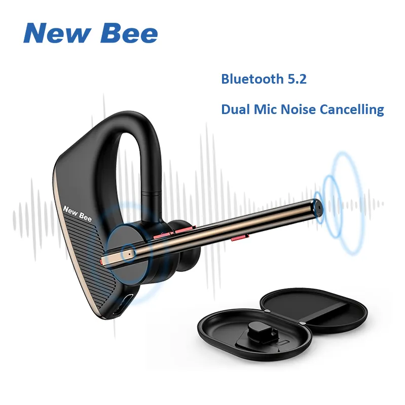 New Bee V5.2 Wireless Bluetooth Earpiece Dual Mic Noise Cancelling Wireless Headset Earphone for Cell Phones Office Business