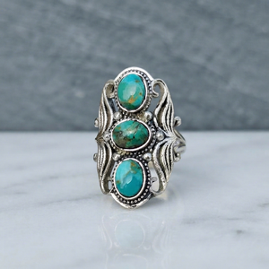 Round Oval Mohave <b>Turquoise</b> Gemstone <b>Ring</b> 925 Silver Bezel Setting Bohemian Style Unisex Everyday Wear Gold Plated And Rose Gold - Product Image 1