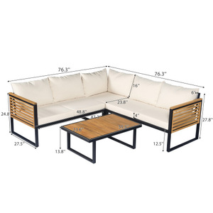 Moderno Conjunto de Sofás de Patio de 4 Piezas en Madera de Acacia, Estilo Hotel, Seccional de Esquina con Estructura Metálica y Cojines Impermeables - Product Image 3