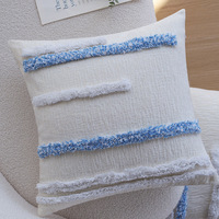 Coussin géométrique bleu à motif tufté, style Ins, pour canapé, salon, chambre à coucher, lit, avec pompon et sans rembourrage
