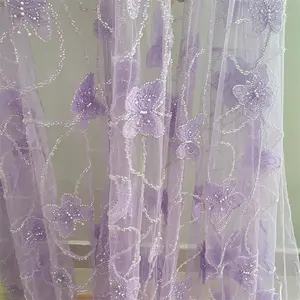 定制紫色/蓝色/白色美丽3D珍珠串珠蝴蝶蕾丝面料薄纱蕾丝