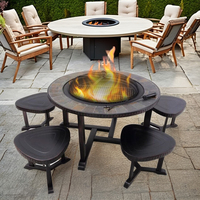 Portable 1 Table & 4 Tabourets Patio Mobilier de Jardin Extérieur Ensemble avec Bois Brûlant Sans Fumée Foyer Table À Manger et Barbecue Grill